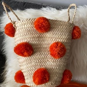 Straw Bucket Bag With Orange Pom Dots